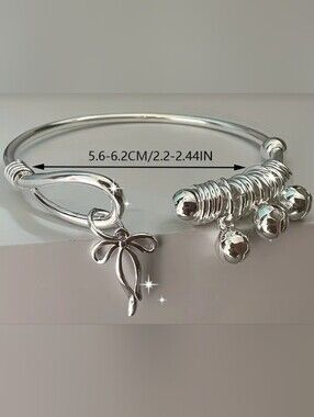 Silver Ribbon Charm Bangle Bracelet - Women Jewelry
